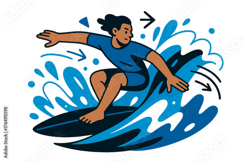 Dynamic Wave Surfing. Surfing on the waves. Surfer performing a sharp turn with abstract floating spray and motion lines; conveys speed, agility, and