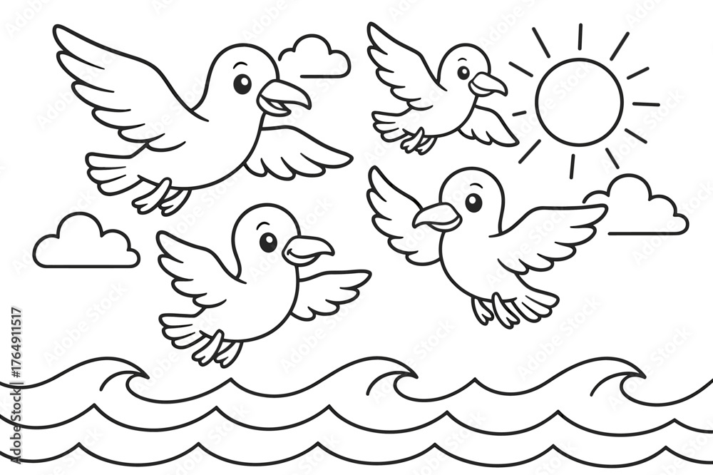 Obraz premium Seagulls and Waves. Seabirds children?s coloring book illustration, outlined drawing, a group of friendly cartoon seagulls flying above gentle ocean waves with