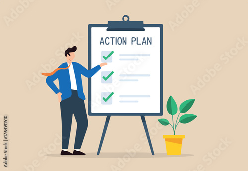 Flat illustration of businessman present action plan with checklist step on whiteboard to complete work and finish project procedure