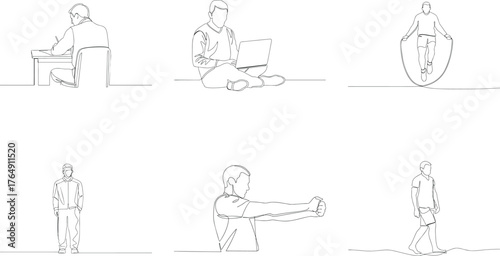 Single line drawing of people doing various activities emphasizing simplicity and minimalism in lifestyle and work routine