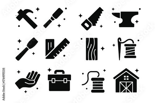 Craftsmanship Icons Grid. Craftsmanship Essentials. Solid icons set of Craftsmanship Essentials: hammer, chisel, saw, anvil, paintbrush, ruler, wood plank,