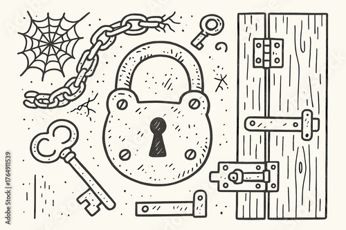 Vintage Lock Illustration. Vintage Lock. Hand-drawn doodle illustration Vintage Lock padlock, key, rusty chain, door, latch, hinges, scratches, cobweb,