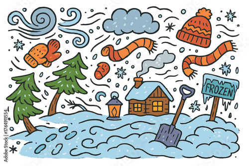 Winter Wonderland Doodles. Snowstorm. Colorful Hand-drawn doodle Children illustration Snowstorm swirling snow, blowing wind, hat, scarf, mittens, trees