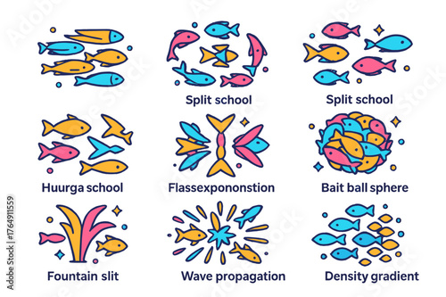 Colorful Schooling Formations. Schooling formations. Colorful isometric vector icons set of Schooling formations: polarized band, milling circle, split school,