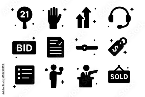 Auction Icons Collection. Bidding and paddles. Solid icons set of Bidding and paddles: numbered paddle, raised hand, bidding arrows up, phone headset, online