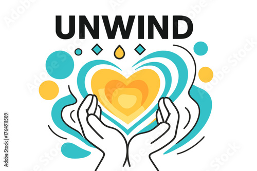 Trauma Release Waves. Trauma Release. Abstract waves ripple outward from curled hands; heart-centered glow spreads softly. ?Unwind? floats above with tiny