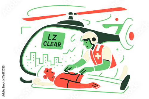 Night Vision Medevac. Night-Vision Medevac. Green NVG glow rims the cabin; a medic checks vitals as the city grid flickers below. A floating HUD tag reads ?LZ