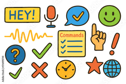 Voice Command Doodles. Voice command prompts. Colorful Hand-drawn doodle Children illustration Voice command prompts wake word card, mic button, voice bubble,