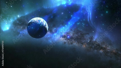 A stunning view of Earth floating in deep space, surrounded by a vibrant blue and green nebula and countless stars — serene, cosmic, and awe-inspiring.