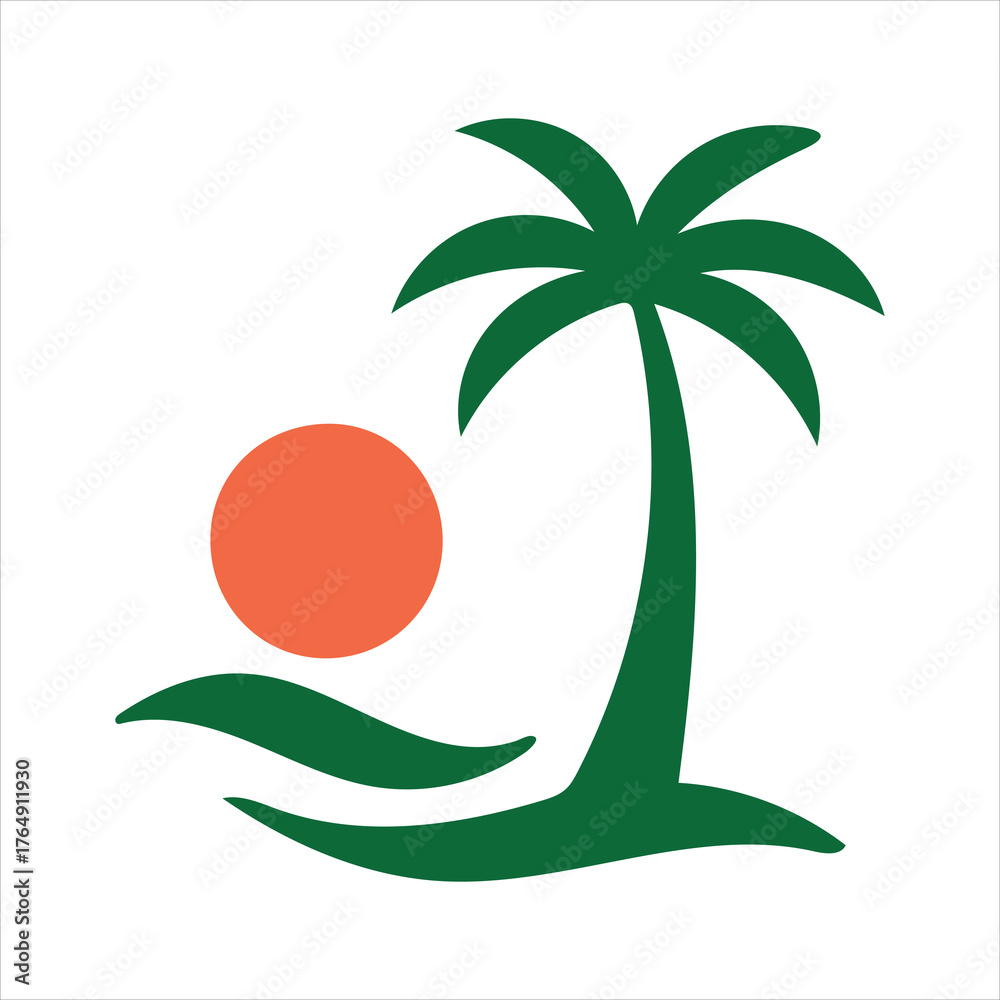 Fototapeta premium Tropical beach sunset palm tree icon silhouette on vector white background