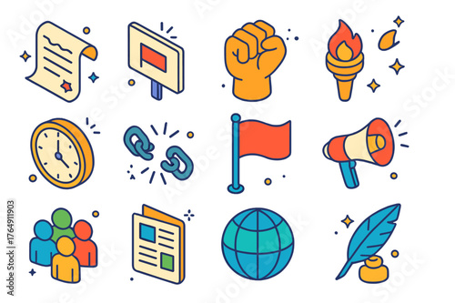 Revolutionary Icons Collection. Revolutionary moments in time. Colorful isometric vector icons set of revolutionary moments in time: historic document, protest