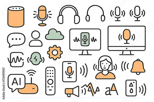 Smart Device Doodles. Speech-controlled devices. Hand-drawn doodle illustration smart speaker (colored), microphone (colored), headphones (colored), smartphone