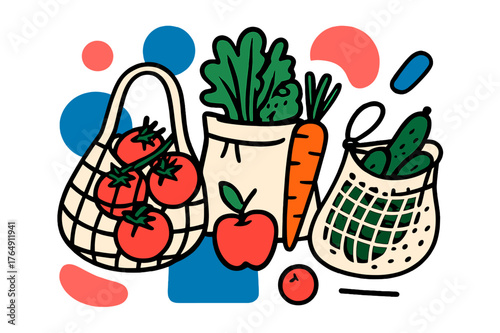Eco-Friendly Grocery Haul. Eco-Friendly Shopping Hauls. Grocery haul of fresh fruits and vegetables in reusable bags with floating abstract geometric shapes,