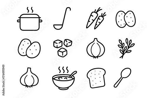 Savory Stew Icons. Savory stew. Line icon set of savory stew: cooking pot, ladle, carrots, potatoes, meat chunks, onions, herbs, garlic, steam, bowl, spoon,