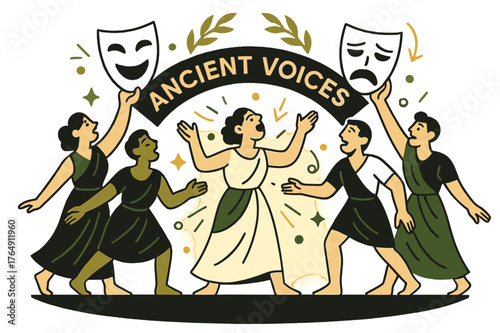 Masks & Myth. Amphitheater ? Masks & Myth. A chorus lifts comedy and tragedy masks; a laurel wreath icon arcs above. Caption ?Ancient Voices? glows along the