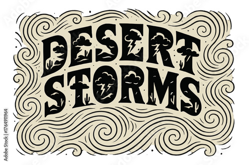 Desert Storm Display. Decorative Display Lettering ? "Desert Storms" with silhouette letters containing tiny cacti, sand dunes, lightning bolts, and clouds,
