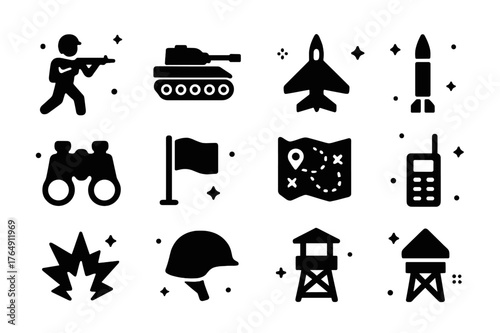 Tactical Icons Grid. Tactical Advance. Solid icons set of Tactical Advance: soldier, tank, jet, missile, binoculars, flag, map, radio, armored vehicle,