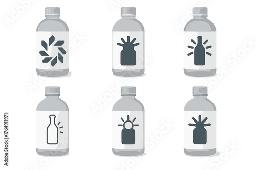 Logo Variations Grid. Packaging labels layout. Set Logo of Packaging labels layout: a wraparound bottle label on a cylindrical bottle. harmonious
