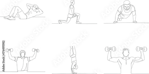 Fitness and Exercise Line Art Illustration Featuring Men Doing Various Workouts for Health and Wellness Promotion