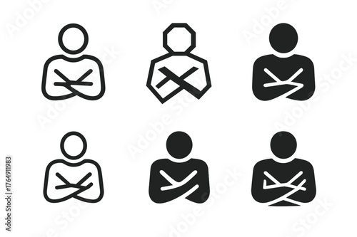 Non-Verbal Logo Variations. Non-verbal cues. Set Logo of Non-verbal cues: Crossed arms posture. harmonious logo variations of the same emblematic concept, each