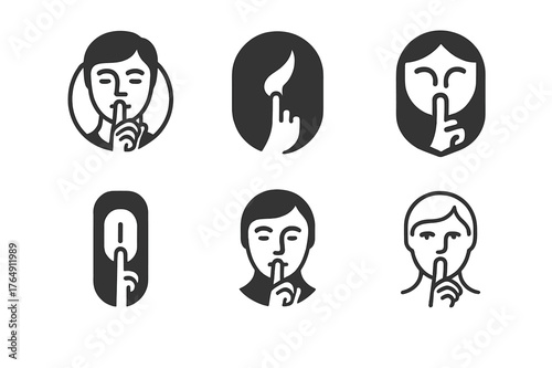 Quiet Gesture Logos. Non-verbal cues. Set Logo of Non-verbal cues: Finger on lips quiet gesture. harmonious logo variations of the same emblematic concept,