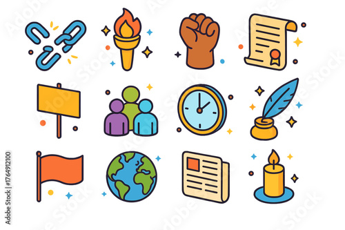 Pivotal Events Icons. Pivotal events. Colorful isometric vector icons set of pivotal events: broken chains, torch, raised fist, historic document, protest