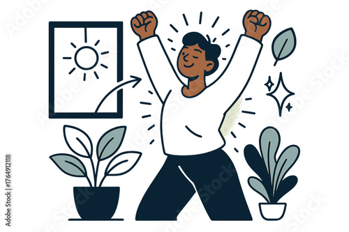 Energizing Morning Stretch. Morning care. Person glowing while stretching beside sunlight and fresh plants. Floating icons of sun, leaf, and sparkle showing