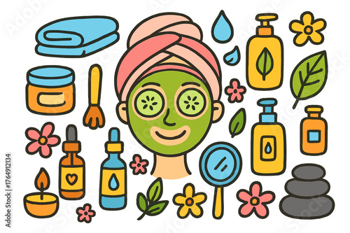 Facial Spa Essentials. rejuvenating facial. Colorful Hand-drawn doodle Children illustration rejuvenating facial face mask, cucumber slices, headband, towel,
