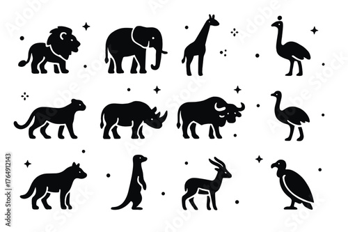 Savanna Animal Icons. Savanna Animals. Solid icons set of Savanna Animals: lion, elephant, giraffe, zebra, cheetah, rhino, buffalo, ostrich, hyena, meerkat,