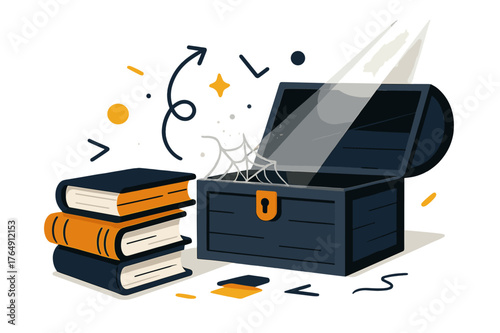 Forgotten Attic Charm. Antique Books ? Forgotten Attic. A dusty chest open beside a few books; faint sunbeams cut through slanted air. A cobweb stretches from