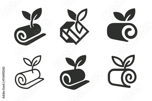 Body Balance Logos. Compact home fitness setups. Set Logo of body balance: yoga mat and leaf. Icon set. harmonious logo variations of the same emblematic