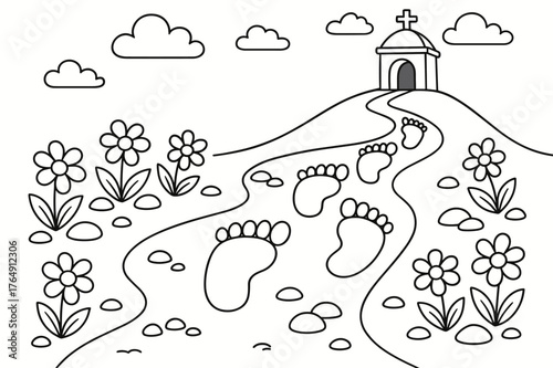 Footprint Trail Coloring. Footprints of the journey children?s coloring book illustration, outlined drawing, a trail of big friendly footprints leading past