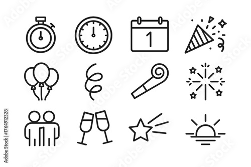 Countdown Celebration Icons. Countdown and Midnight. Line icon set of Countdown and Midnight: countdown timer, clock at twelve, calendar page, confetti cannon,