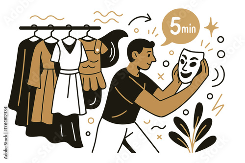 Backstage Prep Energy. Amphitheater ? Backstage Calm. Costumes hang in tidy rows; a stagehand adjusts a mask while a tiny ? min? callout glows. Soft sound