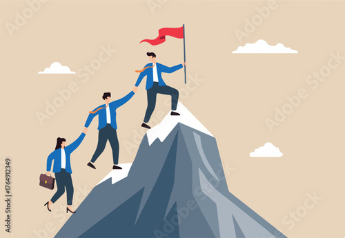Flat illustration of businessman help colleague reach mountain top holding flag symbolizing leadership and teamwork success