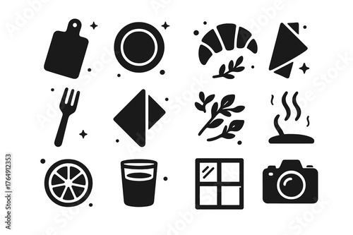 Window Light Icons. Window Light on Food. Solid icons set of Window Light on Food: cutting board, plate, pastry, fork, linen napkin, herb sprig, citrus slice,