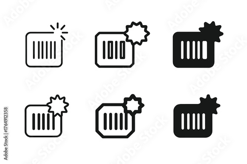 Harmonious Logo Variations. New arrivals display. Set Logo of New arrivals display: barcode ticket with starburst corner. Icon set. harmonious logo variations