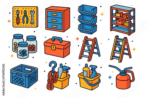 Colorful Workshop Icons. Garage and workshop storage. Colorful isometric vector icons set of Garage and workshop storage: tool pegboard, drawers cabinet,
