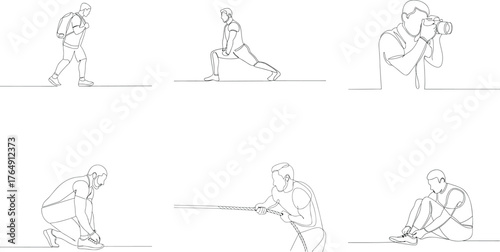 Continuous line drawings illustrating diverse activities including hiking stretching photography tug of war and tying shoelaces showcasing active lifestyle and human endeavors