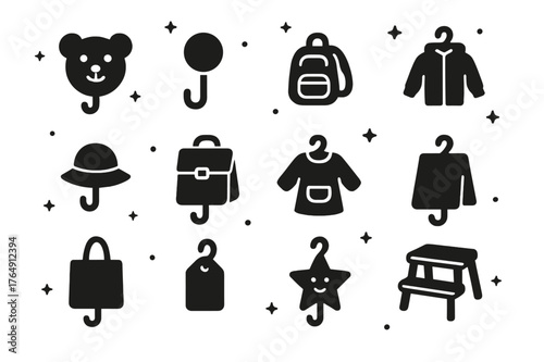 Kids Room Hooks Icons. Kids room hooks. Solid icons set of Kids room hooks: animal-shaped hook, colorful knob, backpack, hoodie, sun hat, lunch bag, art smock,