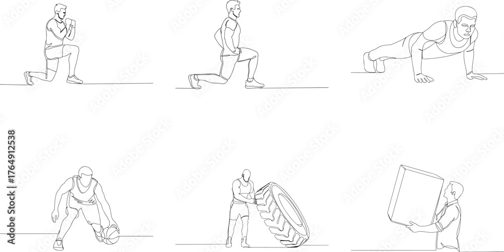 Obraz premium Line Art Illustration of Athletes Engaging in Various Physical Activities and Exercises showcasing Strength and Endurance