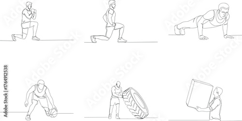 Line Art Illustration of Athletes Engaging in Various Physical Activities and Exercises showcasing Strength and Endurance