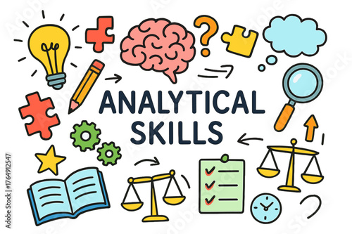 Analytical Skills Doodles. analytical skills. Colorful Hand-drawn doodle Children illustration analytical skills brain, lightbulb, puzzle pieces, question