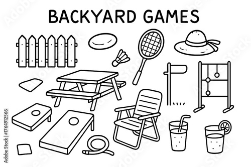 Backyard Games Icons. Backyard games. Hand-drawn doodle illustration backyard games lawn, picket fence, picnic table, frisbee, badminton racket, shuttlecock,