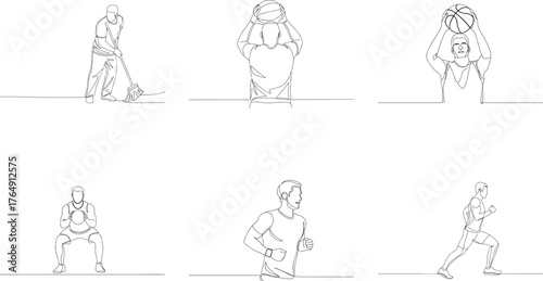 Continuous line drawing of various activities including cleaning basketball throwing squatting and running showcasing healthy lifestyle and sport activity