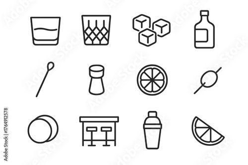 Bar Icons Collection. Bar setup. Line icon set of bar setup: whiskey glass, crystal glass, ice cubes, bottle, cocktail stirrer, cork, lemon slice, olive,