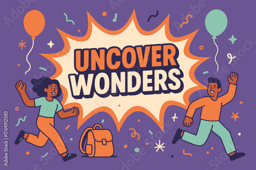Comic Adventure Banner. Uncover wonders banner, flat vector illustration, bold oversized text inside comic burst, cartoon characters running and waving,