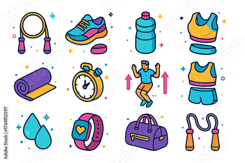Colorful Cardio Icons. Cardio exercise. Colorful isometric vector icons set of cardio exercise: jump rope, sneakers, sweatband, water bottle, gym