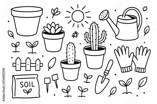 Garden Tools Doodle. Garden pots. Hand-drawn doodle illustration garden pots terracotta pots, succulents, cactus, watering can, trowel, gloves, soil bag, plant