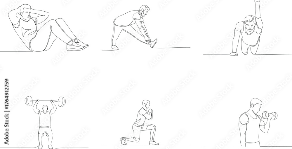 Fototapeta premium Continuous line drawing illustration showcasing men engaged in diverse fitness exercises and gym activities promoting health and wellness